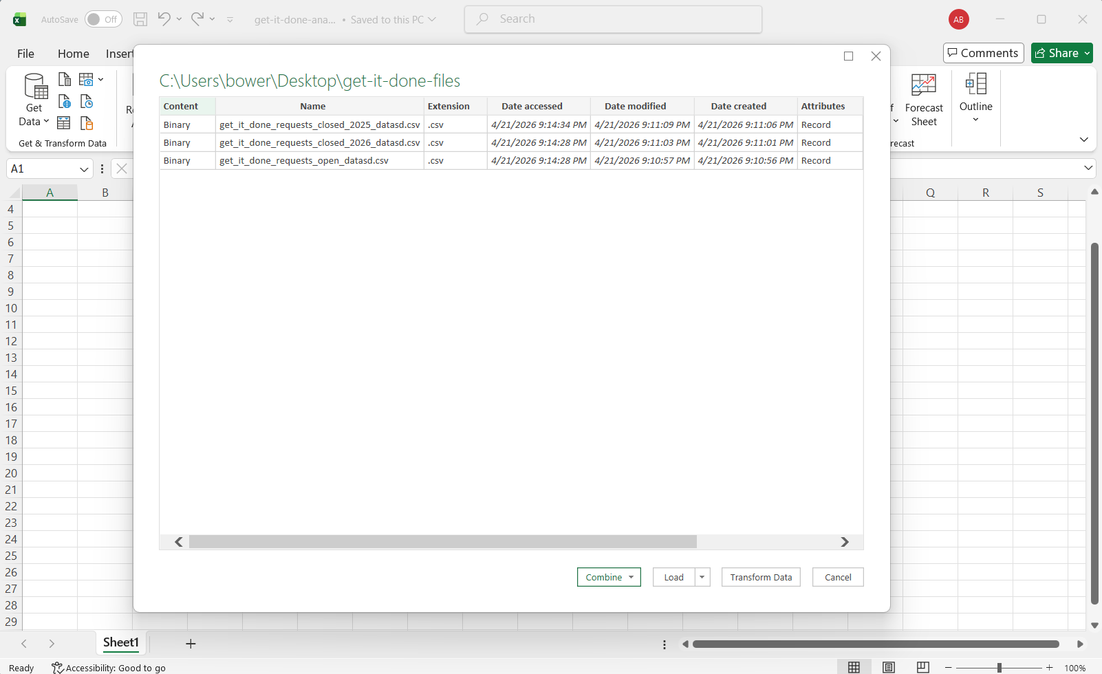 This screenshot of Excel illustrates the text description of in Step 5, showing the box with a table that includes each downloaded file.