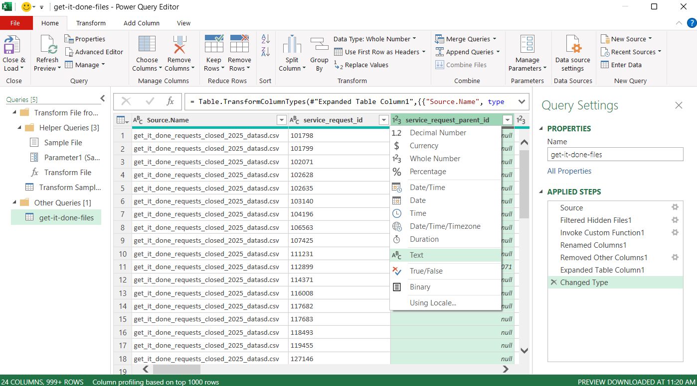 This screenshot of Excel illustrates the text in the previous paragraph describing how to change the data type in the Power Query editor. The screenshot shows the Power Query Editor with the dropdown for data type expanded.