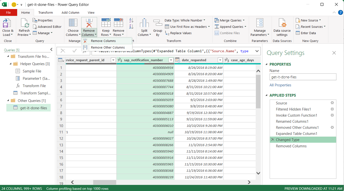 This screenshot of Excel illustrates the text in step 8 describing how to remove columns in the Power Query editor. The screenshot shows the Excel Power Query editor with the Remove Columns dropdown expanded.