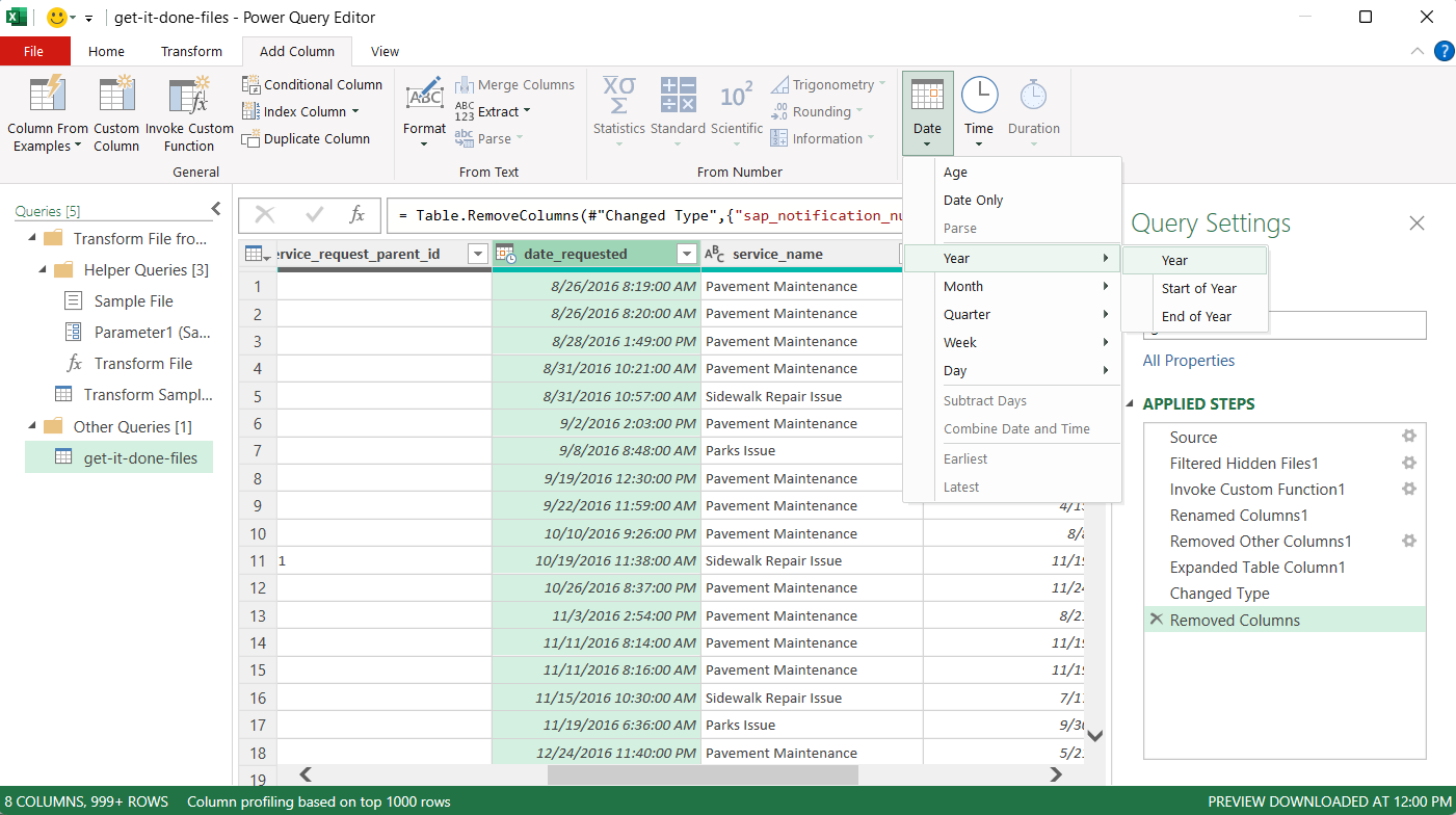 This screenshot of Excel illustrates the text in step 8 describing how to remove columns in the Power Query editor. The screenshot shows the Excel Power Query editor with the Remove Columns dropdown expanded.